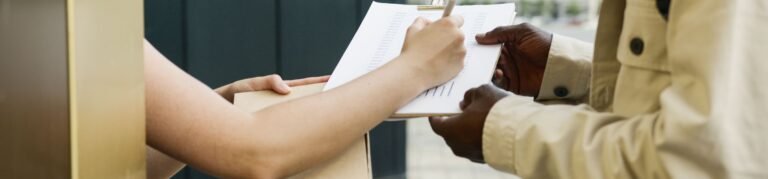 An outdoor scene of a package being delivered and a receipt being signed.